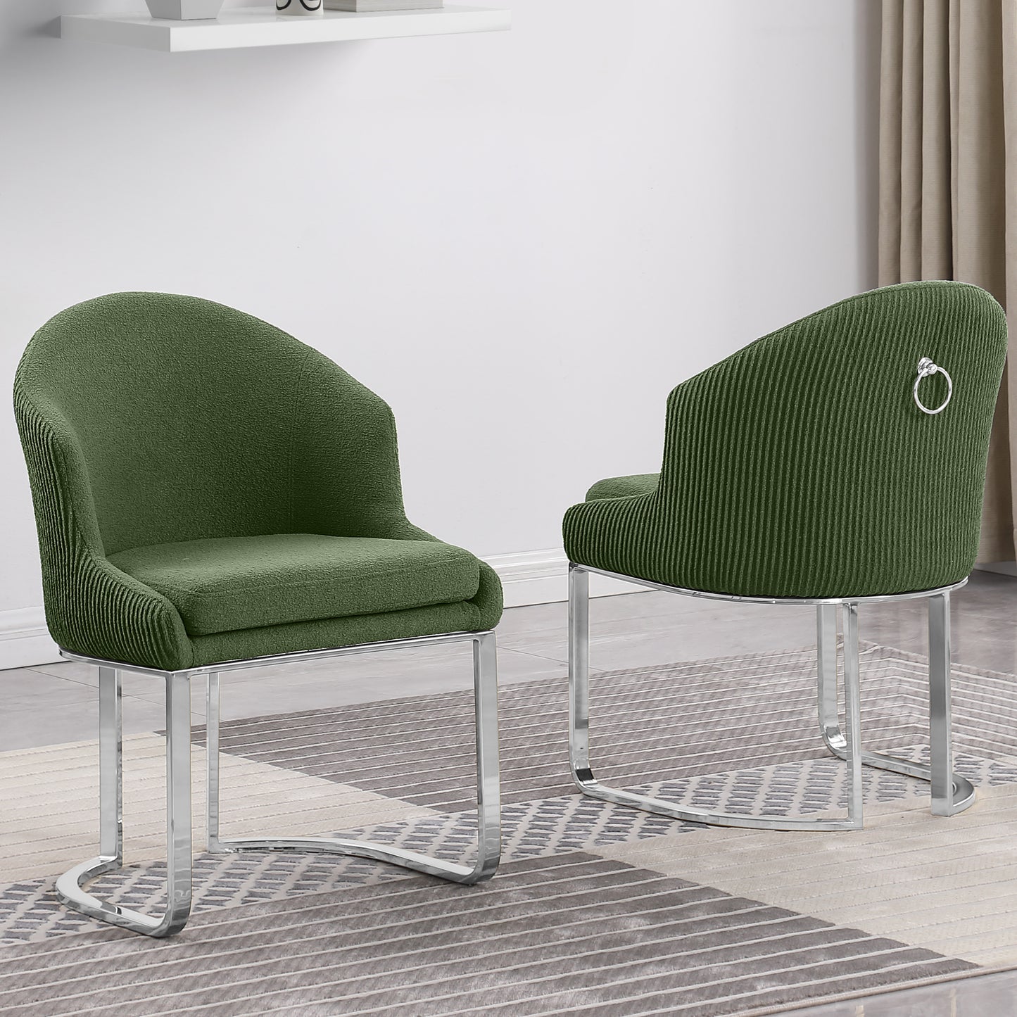 SC370-7, CH370-7, & BS370-7: Modern Teddy Upholstered Chairs with Chrome Finish Legs & Decorative Back Ring Handle (Set of 2)