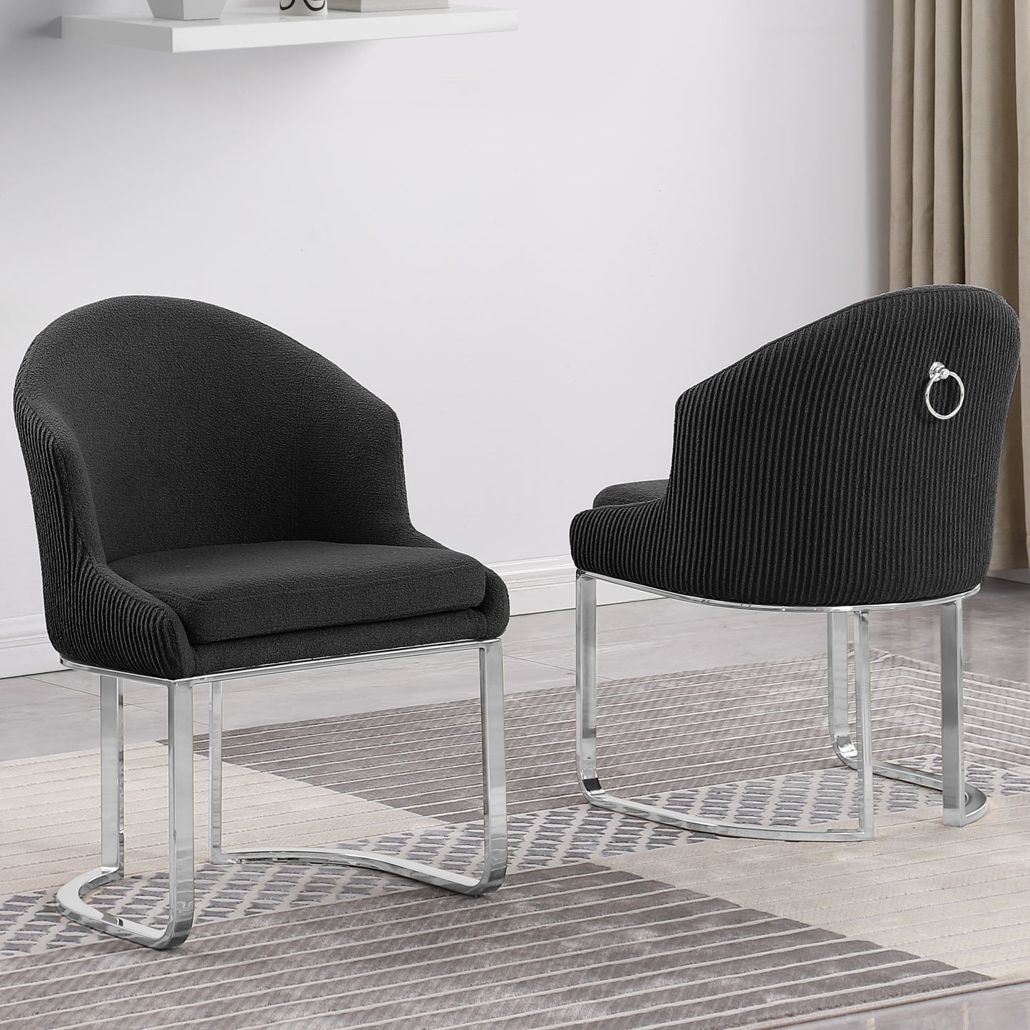 SC370-7, CH370-7, & BS370-7: Modern Teddy Upholstered Chairs with Chrome Finish Legs & Decorative Back Ring Handle (Set of 2)