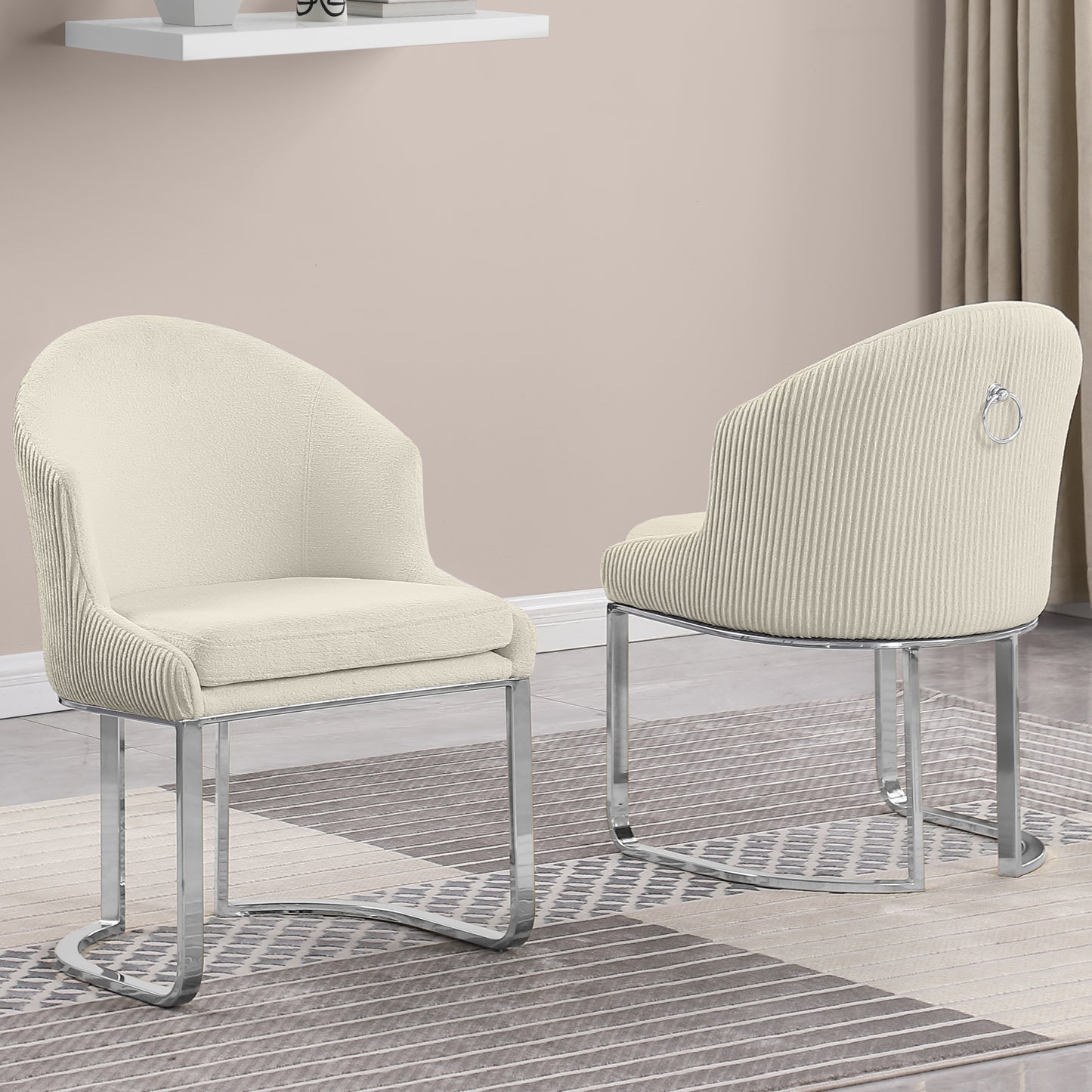 SC370-7, CH370-7, & BS370-7: Modern Teddy Upholstered Chairs with Chrome Finish Legs & Decorative Back Ring Handle (Set of 2)