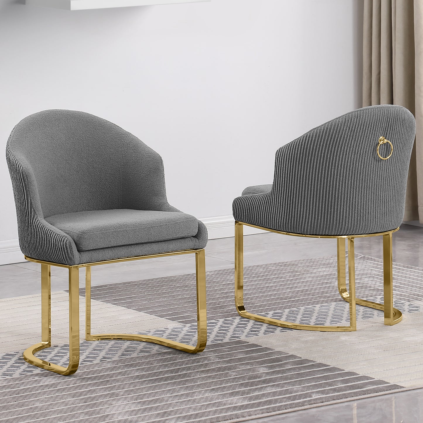SC370-7, CH370-7, & BS370-7: Modern Teddy Upholstered Chairs with Chrome Finish Legs & Decorative Back Ring Handle (Set of 2)