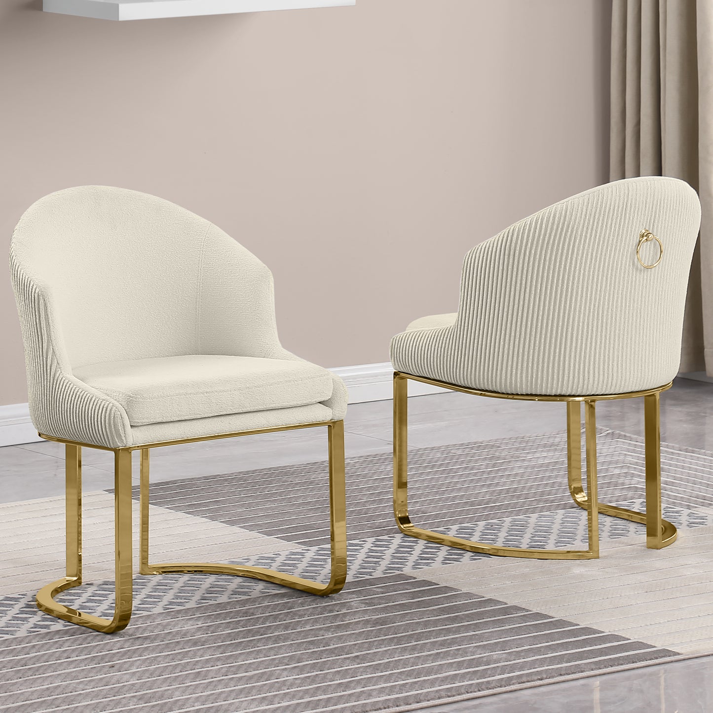 SC370-7, CH370-7, & BS370-7: Modern Teddy Upholstered Chairs with Chrome Finish Legs & Decorative Back Ring Handle (Set of 2)