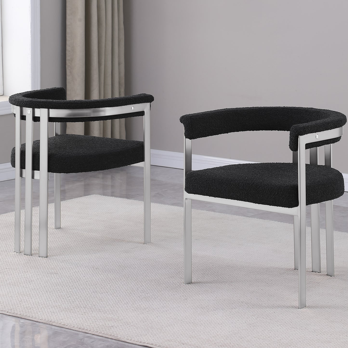 SC380-7. CH380-7, & BS380-7: Modern Boucle Upholstered Chairs with Matte Brushed Chrome Finish Legs (Set of 2)