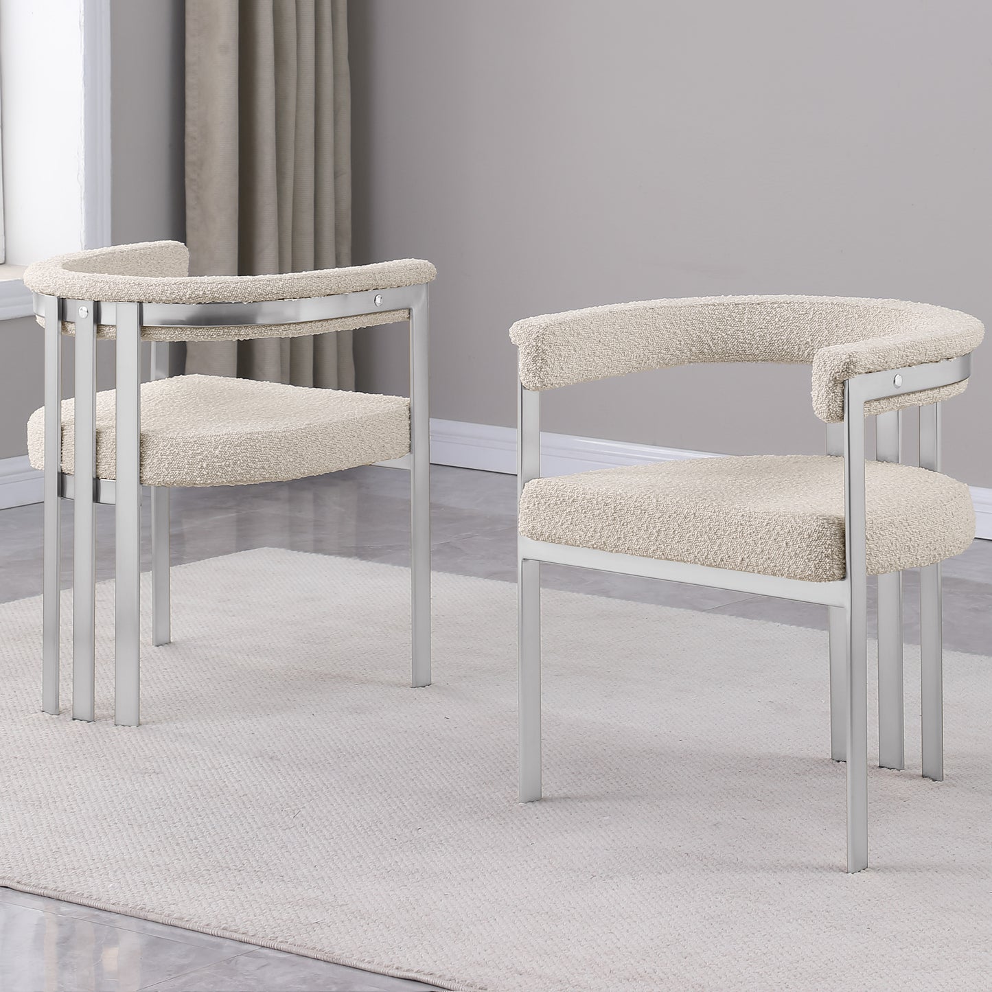 SC380-7. CH380-7, & BS380-7: Modern Boucle Upholstered Chairs with Matte Brushed Chrome Finish Legs (Set of 2)
