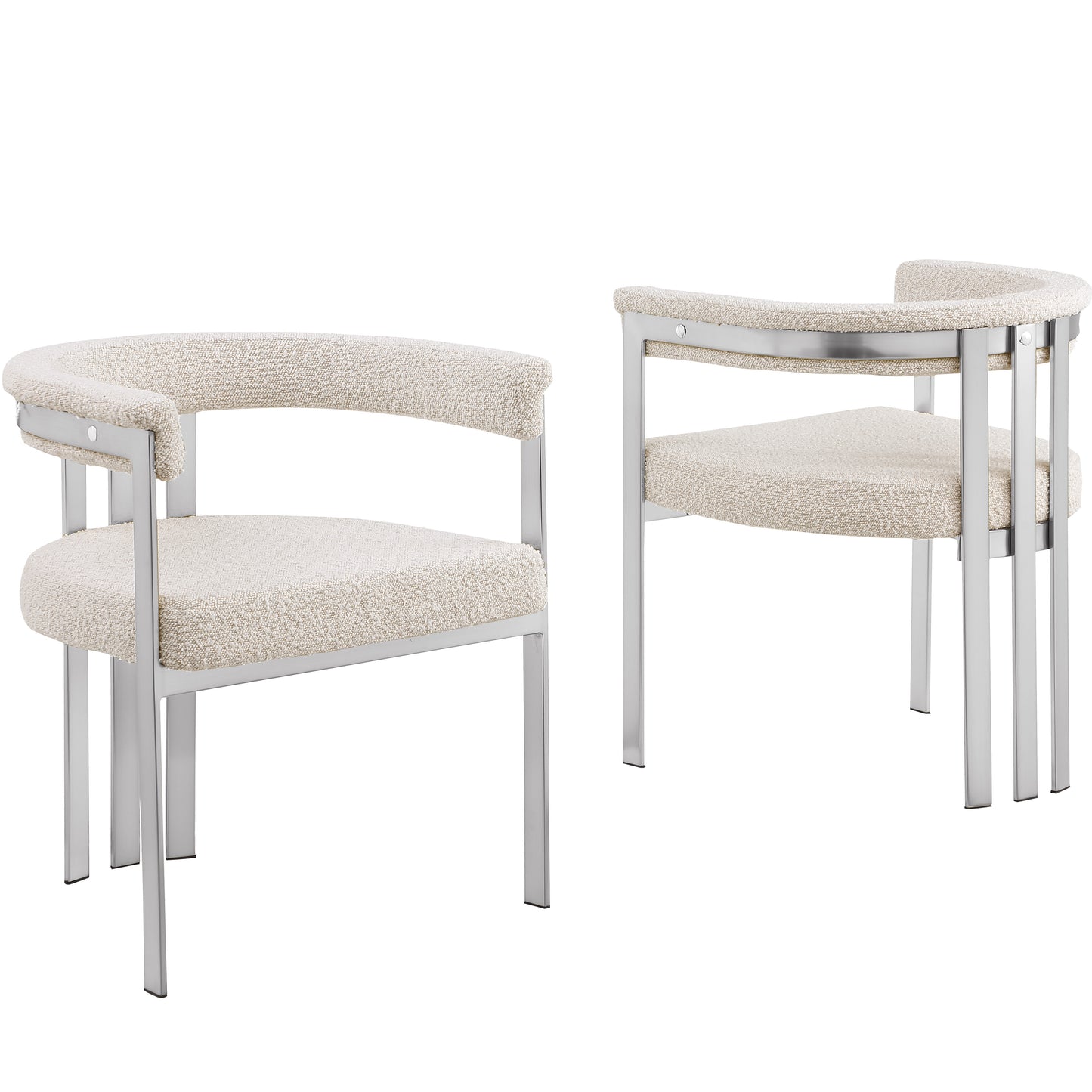 SC380-7. CH380-7, & BS380-7: Modern Boucle Upholstered Chairs with Matte Brushed Chrome Finish Legs (Set of 2)