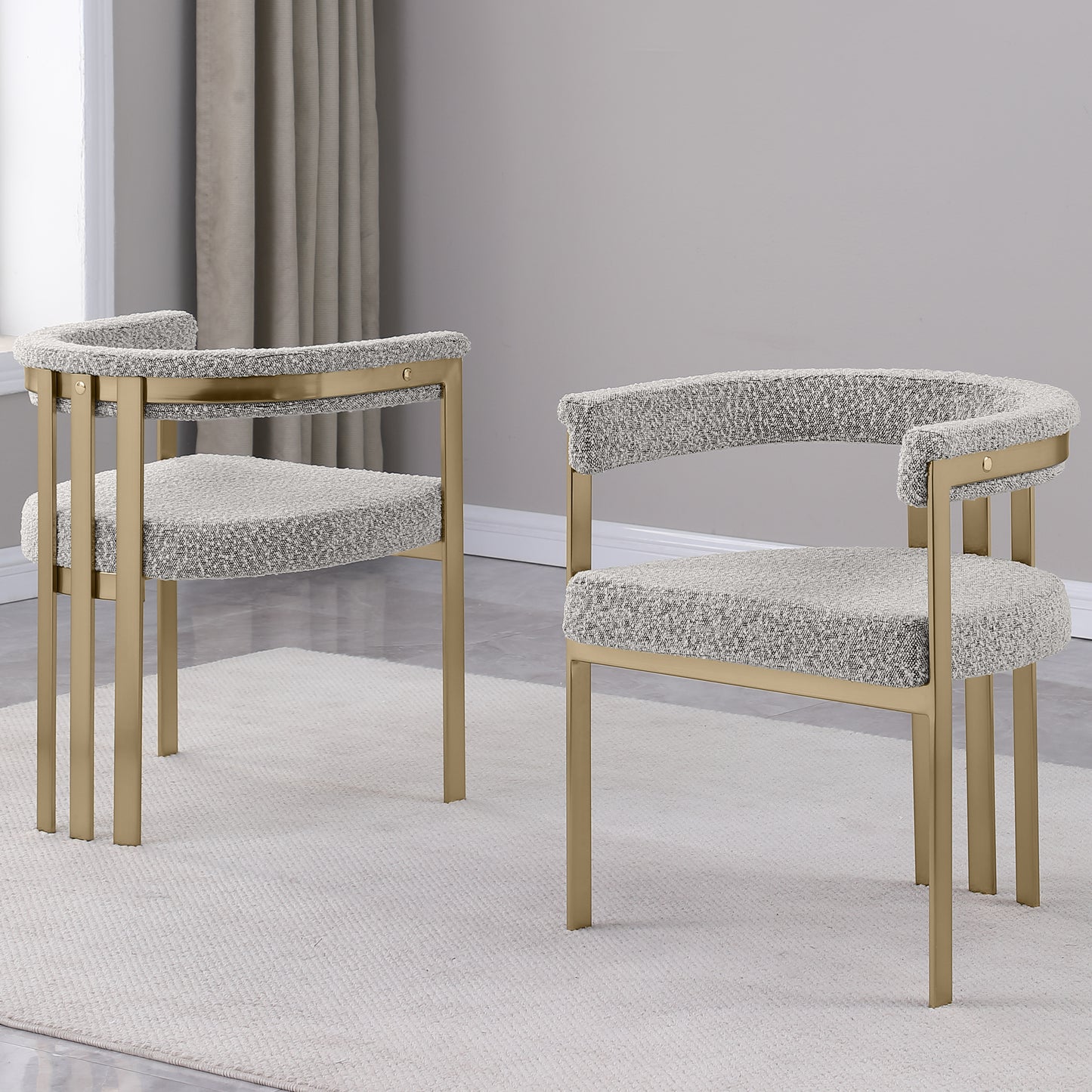 SC380-7. CH380-7, & BS380-7: Modern Boucle Upholstered Chairs with Matte Brushed Chrome Finish Legs (Set of 2)