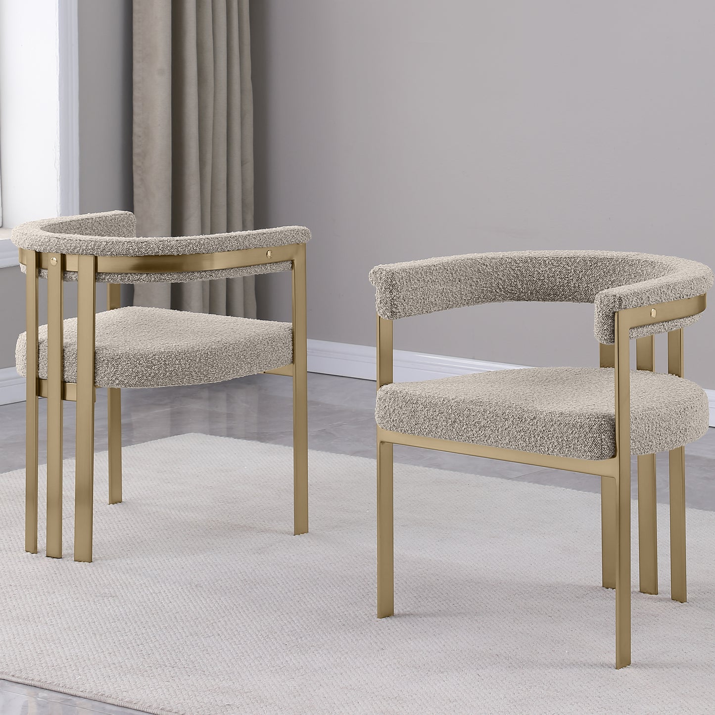 SC380-7. CH380-7, & BS380-7: Modern Boucle Upholstered Chairs with Matte Brushed Chrome Finish Legs (Set of 2)