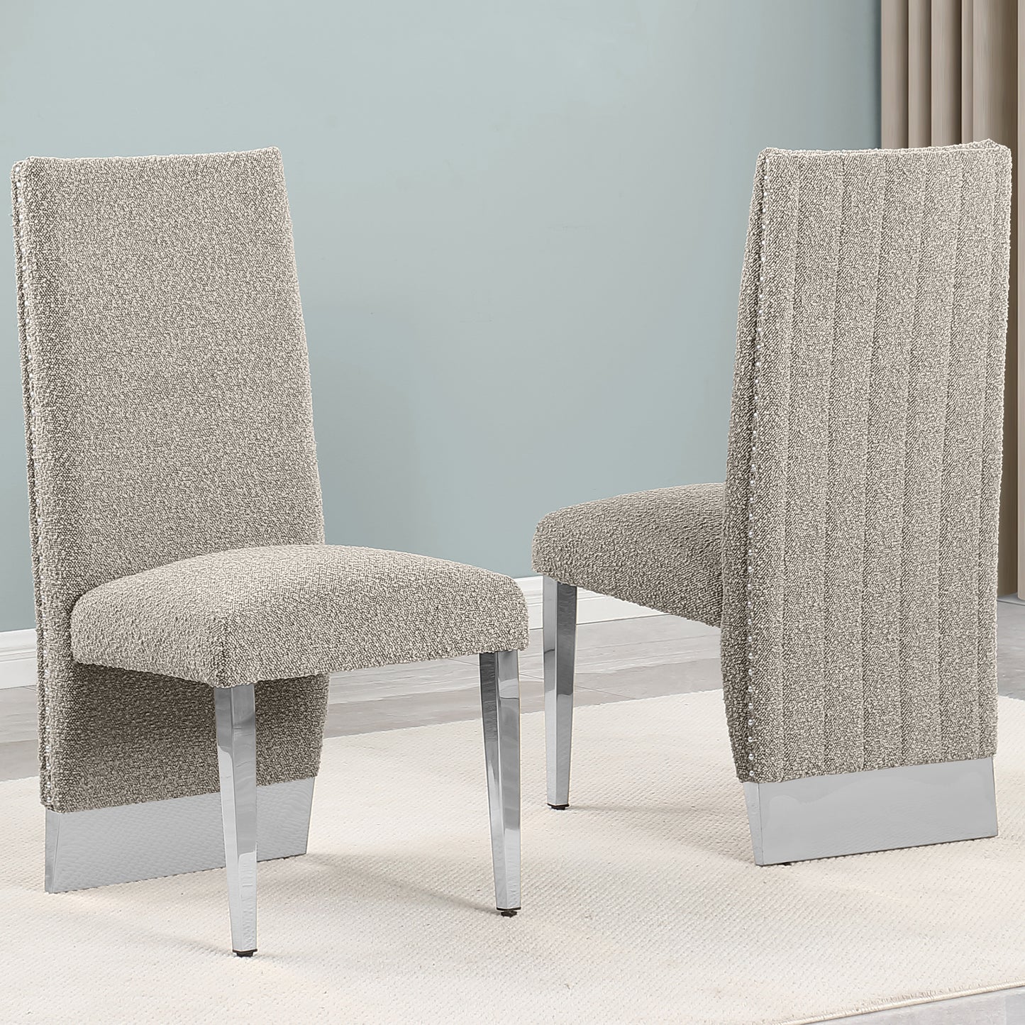 SC560-7, CH560-7, & BS560-7: Modern Upholstered Side Chair Set of 2 - Boucle Fabric - Chrome Legs