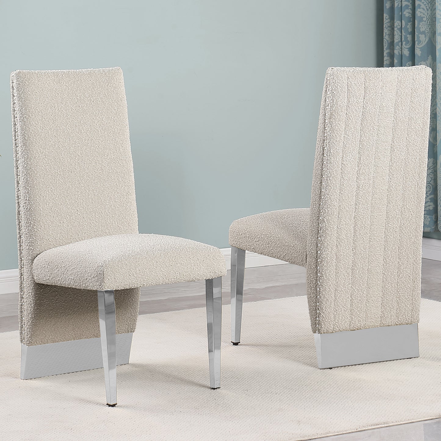 SC560-7, CH560-7, & BS560-7: Modern Upholstered Side Chair Set of 2 - Boucle Fabric - Chrome Legs
