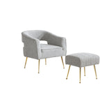 AC230 Modern Boucle Accent Chair and Ottoman Set, Upholstered Barrel Lounge Chair with Cutout Back & Gold Chrome Legs