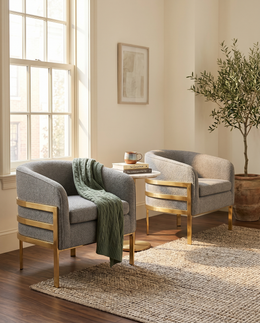 Living room arm chairs in gray teddy fabric with gold chrome frame