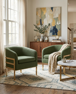Living room arm chairs in green teddy fabric with gold chrome frame