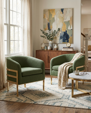 Living room arm chairs in green teddy fabric with gold chrome frame