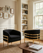 Living room or office arm chairs in black teddy fabric with gold chrome frame