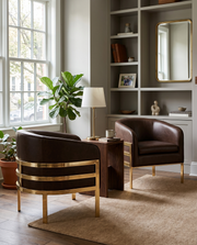 Living room or office accent arm chairs with espresso faux leather upholstery and gold chrome frame