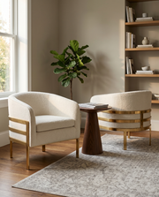Living room or office arm chairs in cream teddy fabric with gold chrome frame