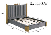 B01 Elysian Velvet Upholstered Platform Bed Frame with Staggered Metal Accents