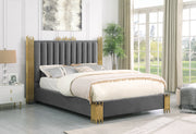 B01 Elysian Velvet Upholstered Platform Bed Frame with Staggered Metal Accents