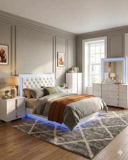 B750 Modern High-Gloss White Bedroom Collection with Integrated LED Lighting
