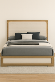 A modern panel bed with a light wood and beige headboard and footboard, with soft LED ambient lighting