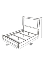 Line drawing of a queen bed frame with dimensions labeled, 63 x 84 x 52