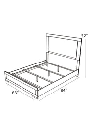 Line drawing of a queen bed frame with dimensions labeled, 63 x 84 x 52