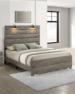 Rustic Gray Wood Panel Bed with Reading Lights (King, Queen, Full) (B820) by Quality Living Furniture