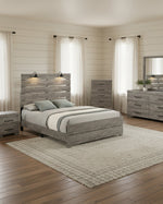 Rustic Gray Wood Bedroom Set with Built-In Reading Lights, Dresser, Mirror, Chest, and Nightstands (B820) by Quality Living Furniture