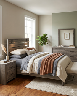 B820 Rustic Antique Gray Bedroom Collection with Integrated Reading Sconces