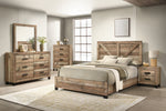 Weathered brown pine wood 5 piece bedroom furniture set with bed, dresser, and nightstands in a room.