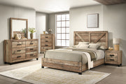Weathered brown pine wood 5 piece bedroom furniture set with bed, dresser, and nightstands in a room.