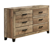 Weathered brown pine dresser with six drawers and black pull handles