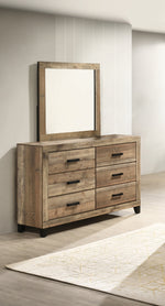 Rustic weathered brown pine dresser with six drawers and mirror