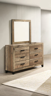 Rustic weathered brown pine dresser with six drawers and mirror