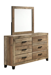 Rustic weathered brown pine dresser with six drawers and mirror