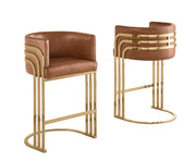 Art Deco Leathaire Bar Stool with Polished Gold Frame