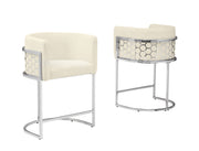 Modern Glam Teddy Fabric Bar Stool with Sculptural Chrome Honeycomb Back