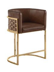 Modern Leathaire Bar Stool with Sculptural Gold Honeycomb Back