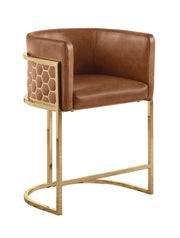 Modern Leathaire Bar Stool with Sculptural Gold Honeycomb Back