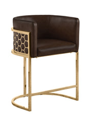 Modern Leathaire Bar Stool with Sculptural Gold Honeycomb Back