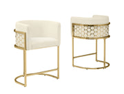 Modern Glam Teddy Fabric Bar Stool with Sculptural Gold Honeycomb Back