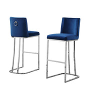 Tailored Velvet Bar Stool with Decorative Chrome Ring Pull & Sled Base