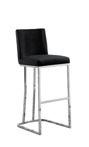 Tailored Velvet Bar Stool with Decorative Chrome Ring Pull & Sled Base