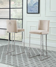 Tailored Velvet Bar Stool with Decorative Chrome Ring Pull & Sled Base