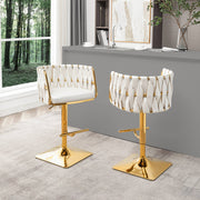 Modern Woven Swivel Bar Stool with Adjustable Gold Square Base