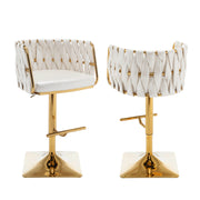 Modern Woven Swivel Bar Stool with Adjustable Gold Square Base