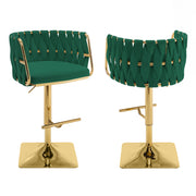 Modern Woven Swivel Bar Stool with Adjustable Gold Square Base