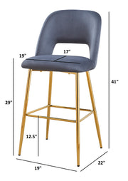Modern Velvet Bar Stool with Open Cutout Back & Tapered Gold Legs