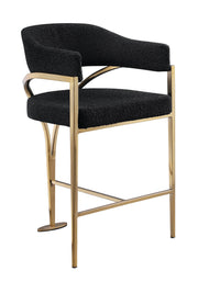 Architectural Boucle Bar Stool with Sweeping Gold Metal Armrests