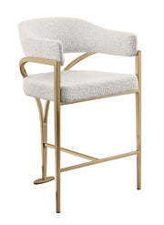 Architectural Boucle Bar Stool with Sweeping Gold Metal Armrests