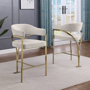 Architectural Boucle Bar Stool with Sweeping Gold Metal Armrests
